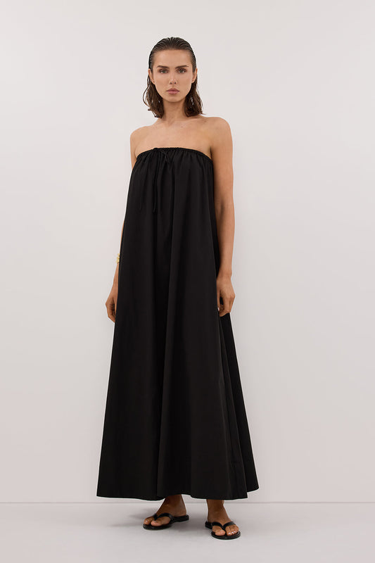SOMMER BLACK STRAPLESS POPLIN MIDI DRESS