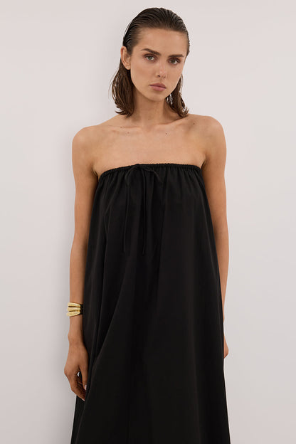 SOMMER BLACK STRAPLESS POPLIN MIDI DRESS