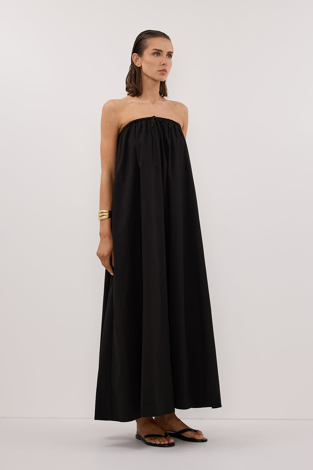 SOMMER BLACK STRAPLESS POPLIN MIDI DRESS