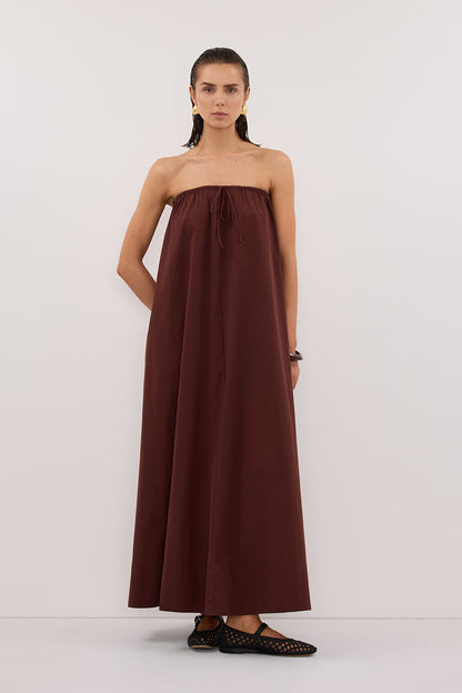 SOMMER CINNAMON STRAPLESS POPLIN MIDI DRESS
