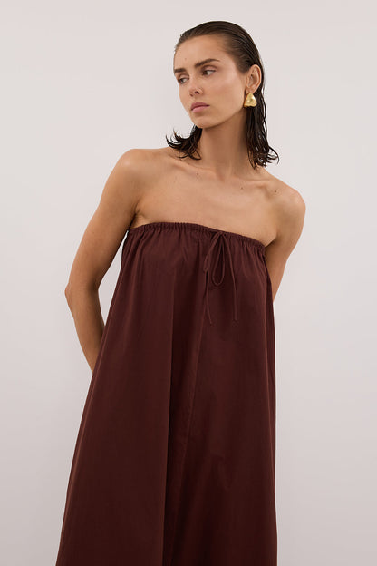 SOMMER CINNAMON STRAPLESS POPLIN MIDI DRESS