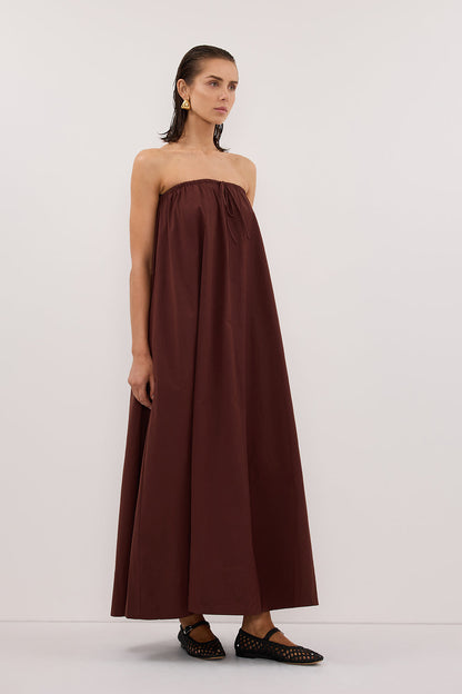 SOMMER CINNAMON STRAPLESS POPLIN MIDI DRESS