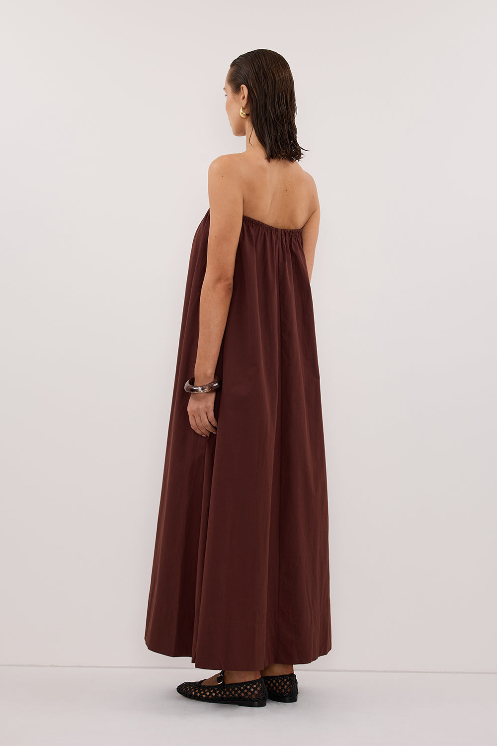 SOMMER CINNAMON STRAPLESS POPLIN MIDI DRESS