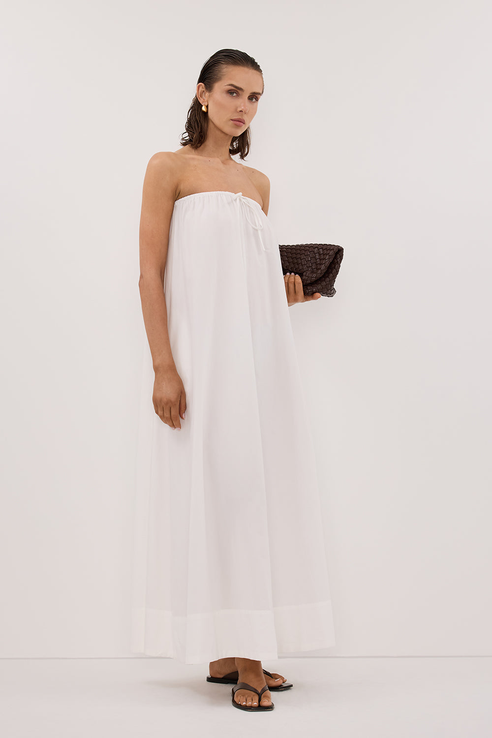 SOMMER WHITE STRAPLESS POPLIN MIDI DRESS