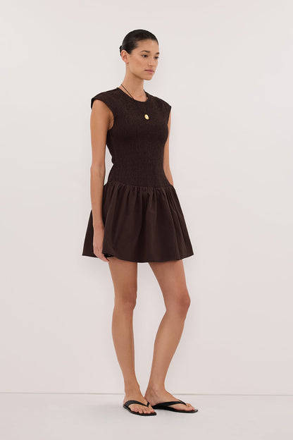 RUBI BURNT CHOC COTTON MINI DRESS