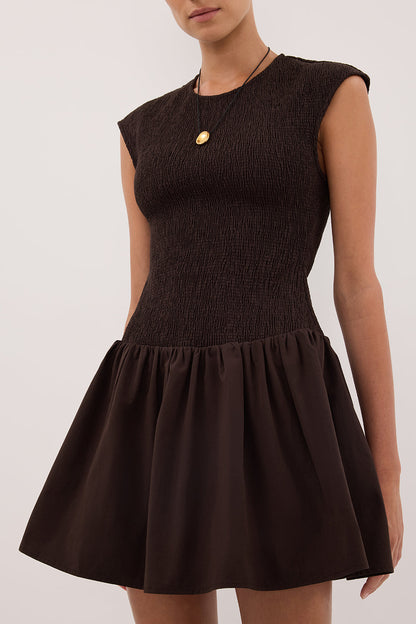 RUBI BURNT CHOC COTTON MINI DRESS