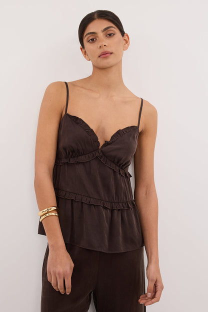 LENA BITTER CHOC SILK SLEEVELESS FRILL TOP