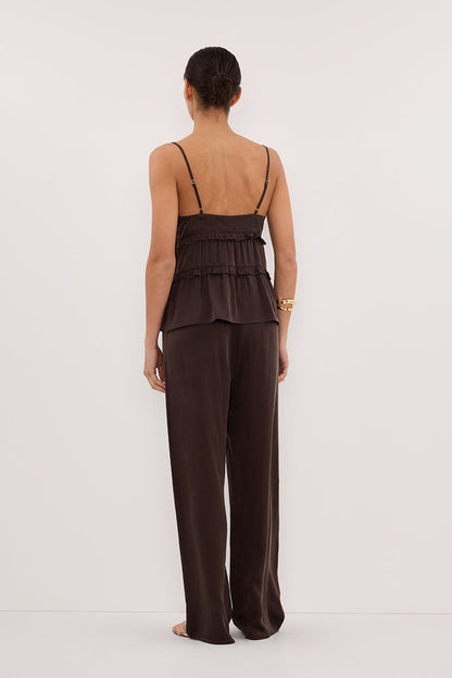 LENA BITTER CHOC SILK SLEEVELESS FRILL TOP