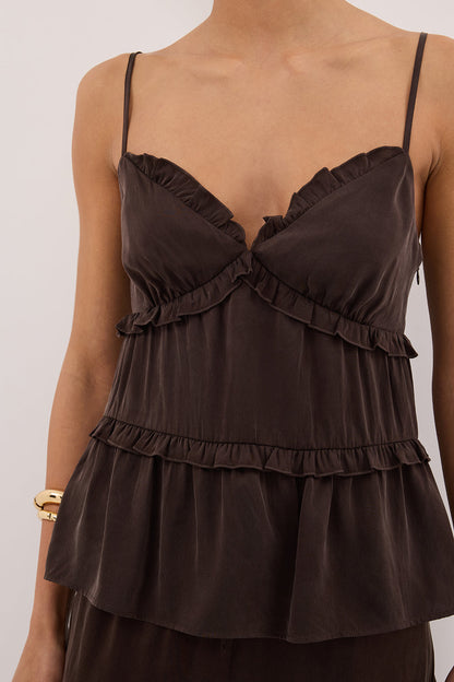 LENA BITTER CHOC SILK SLEEVELESS FRILL TOP