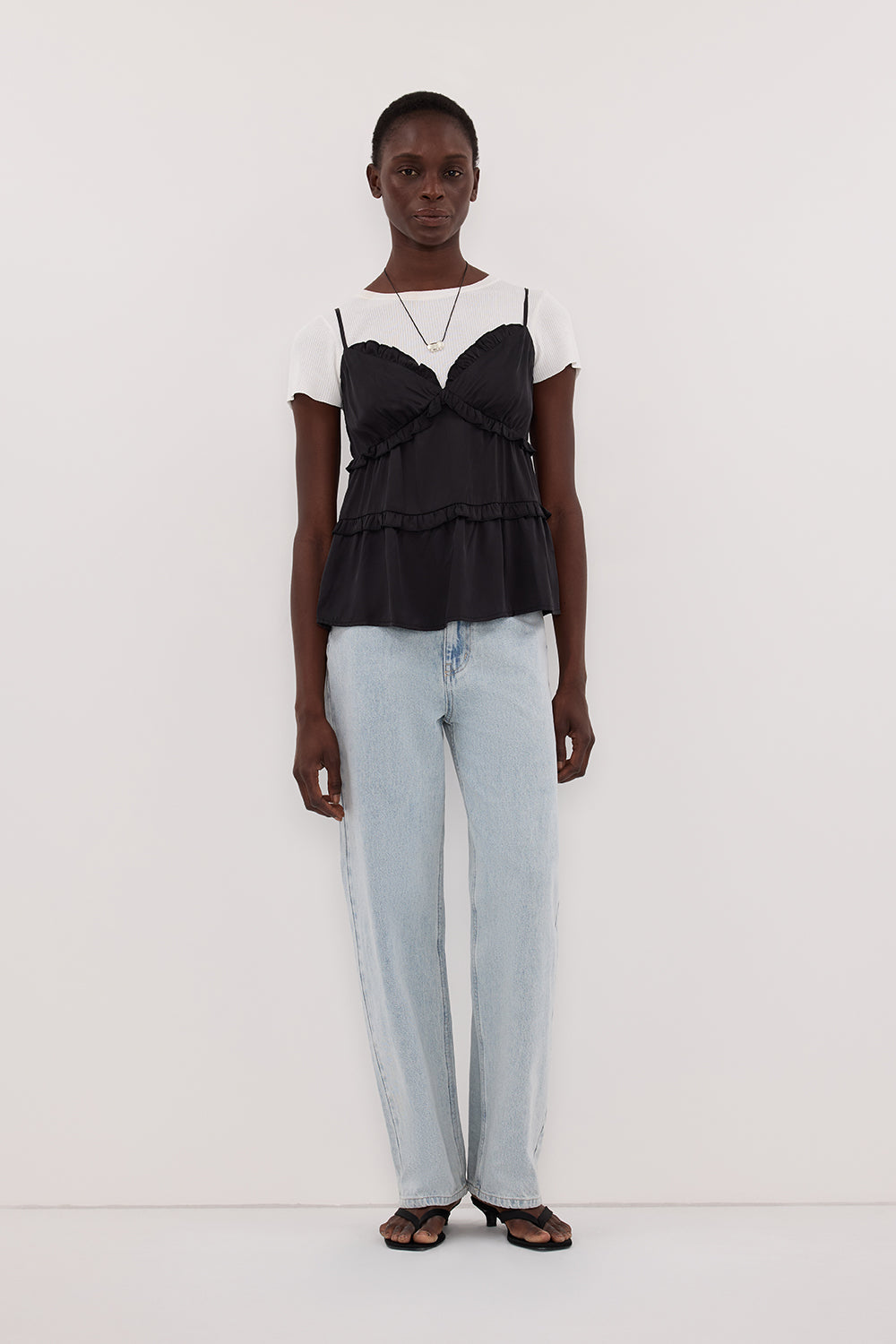 LENA BLACK SILK SLEEVELESS FRILL TOP