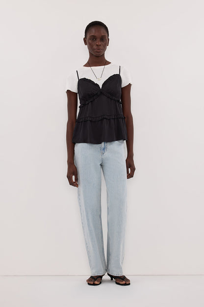 LENA BLACK SILK SLEEVELESS FRILL TOP