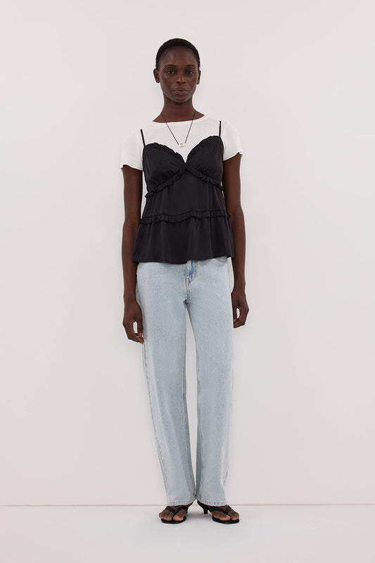 LENA BLACK SILK SLEEVELESS FRILL TOP