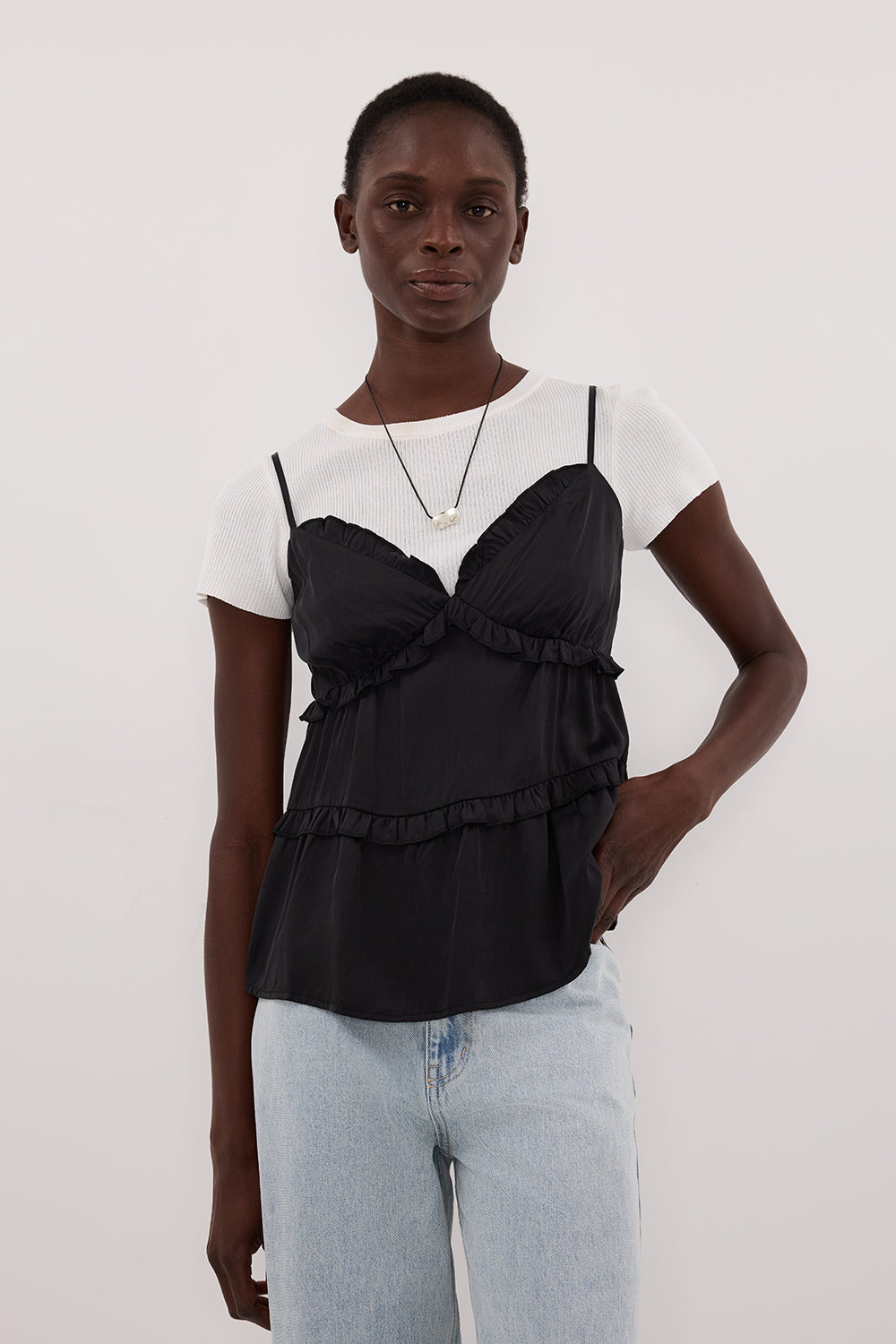 LENA BLACK SILK SLEEVELESS FRILL TOP