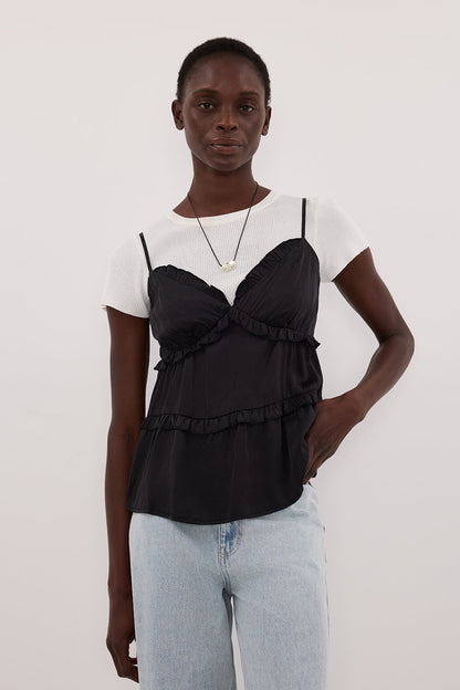 LENA BLACK SILK SLEEVELESS FRILL TOP