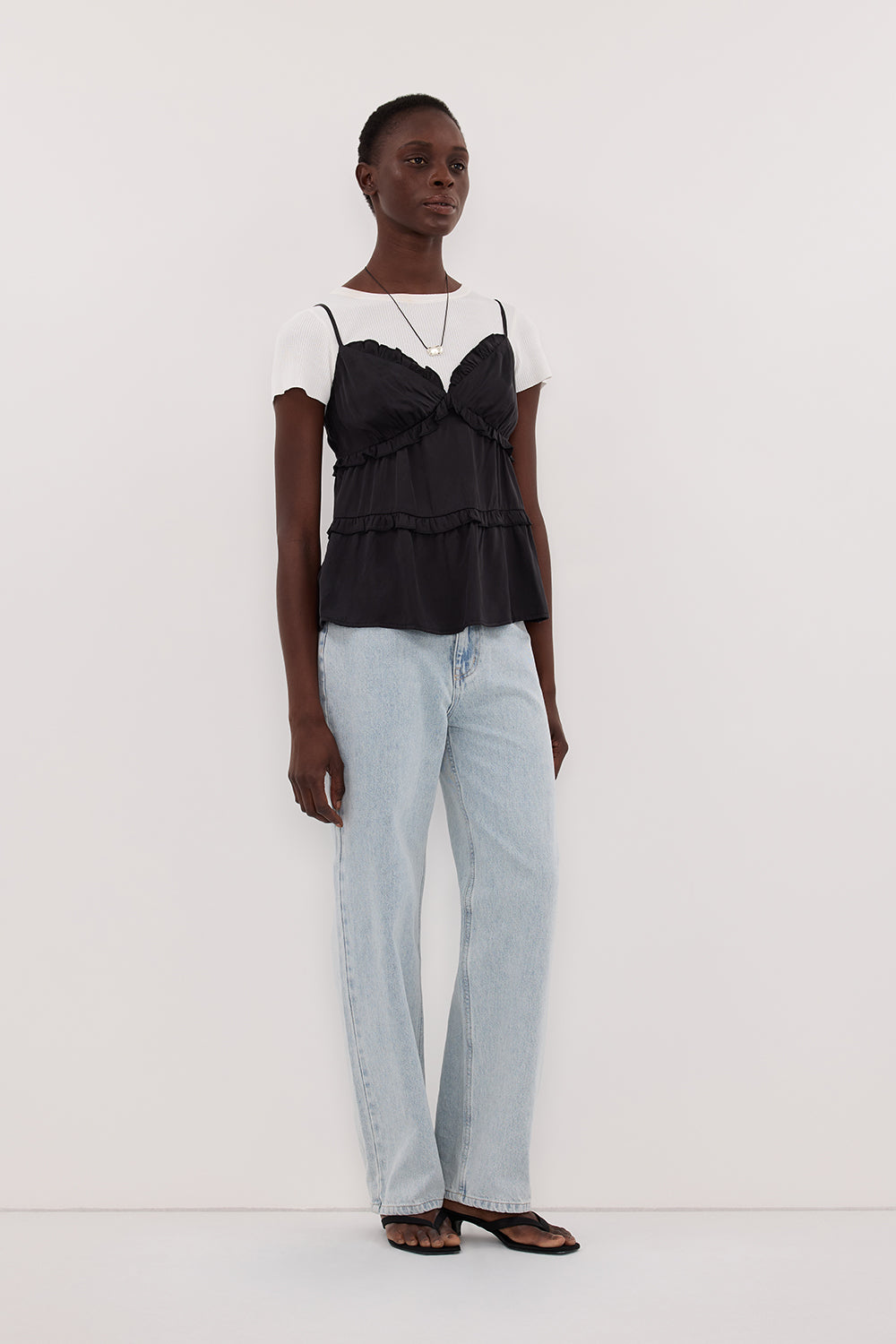 LENA BLACK SILK SLEEVELESS FRILL TOP