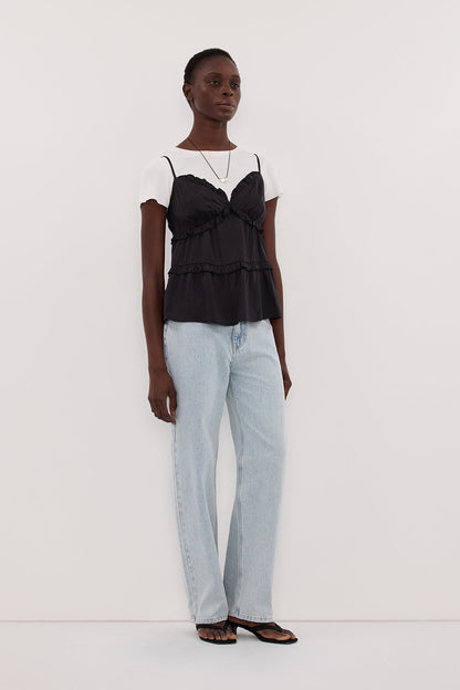 LENA BLACK SILK SLEEVELESS FRILL TOP