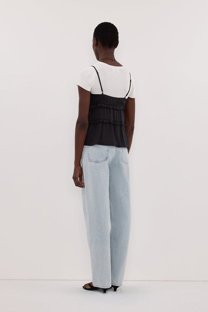 LENA BLACK SILK SLEEVELESS FRILL TOP