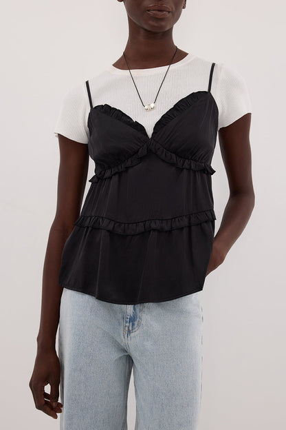 LENA BLACK SILK SLEEVELESS FRILL TOP