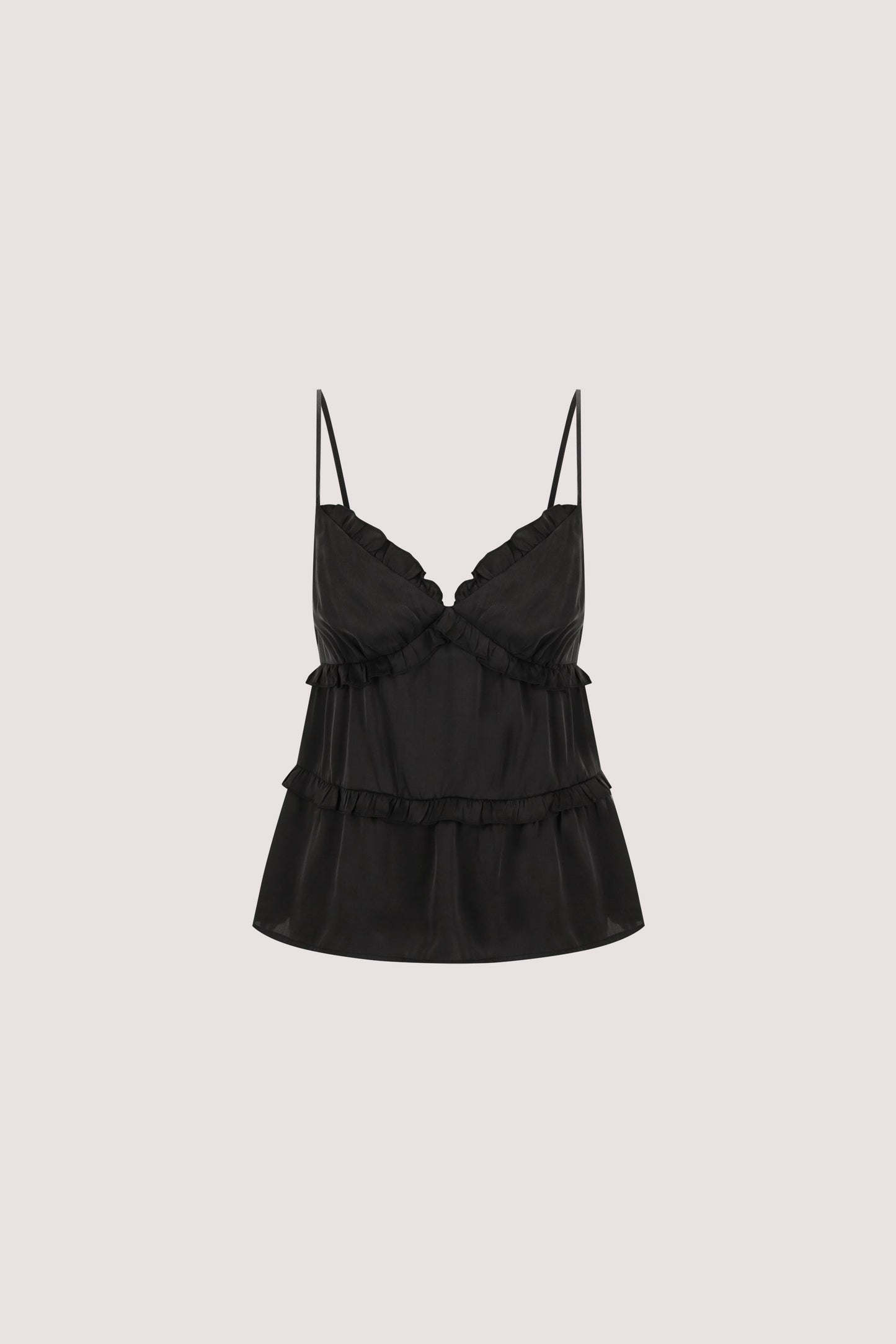 LENA BLACK SILK SLEEVELESS FRILL TOP