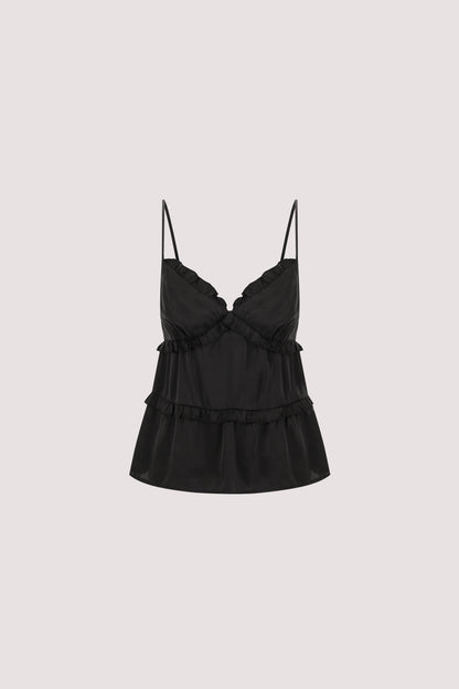 LENA BLACK SILK SLEEVELESS FRILL TOP