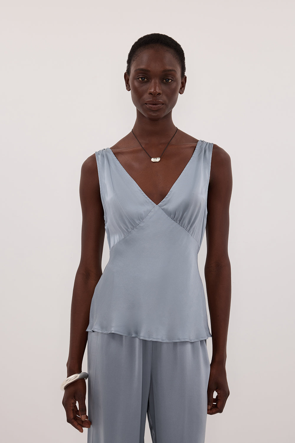 JORJA DUSTY BLUE SLEEVELESS SILK TOP