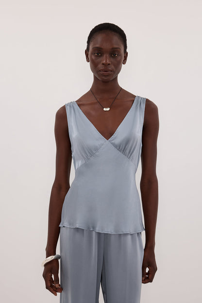 JORJA DUSTY BLUE SLEEVELESS SILK TOP