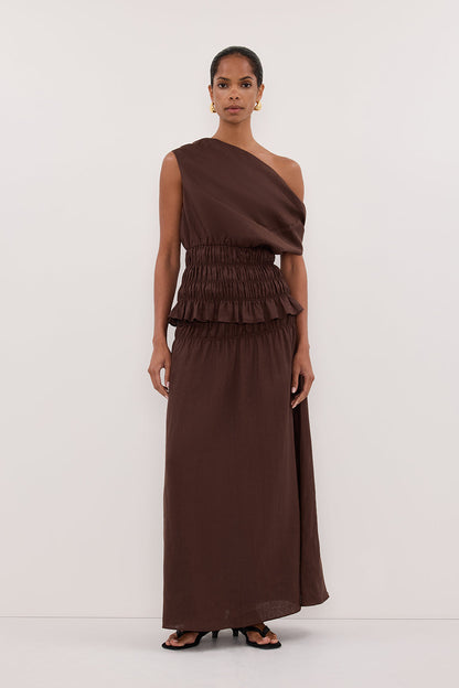 MAIA COCOA SLEEVELESS LINEN SHIRRED TOP