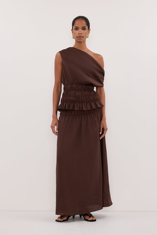 MAIA COCOA SLEEVELESS LINEN SHIRRED TOP