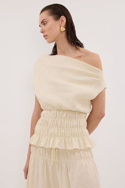 MAIA STRAW SLEEVELESS LINEN SHIRRED TOP