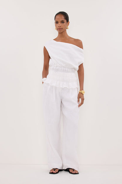 MAIA WHITE SLEEVELESS LINEN SHIRRED TOP