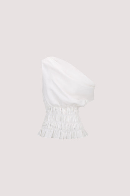 MAIA WHITE SLEEVELESS LINEN SHIRRED TOP