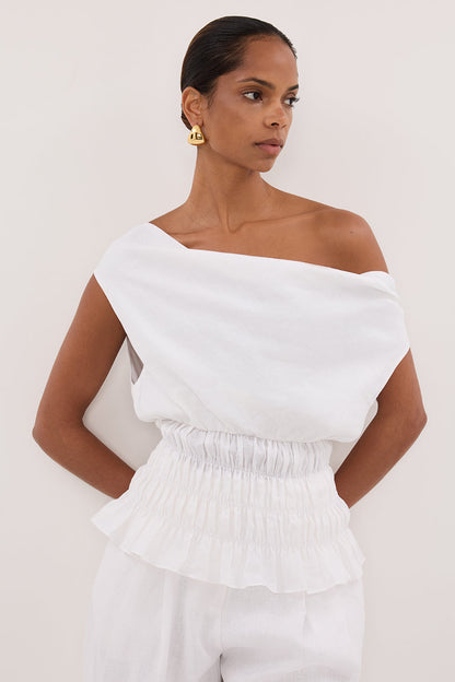 MAIA WHITE SLEEVELESS LINEN SHIRRED TOP