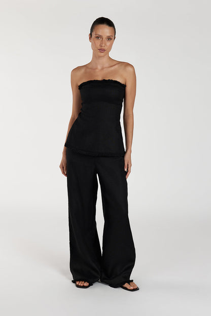 ZAHARA BLACK LINEN FRINGED PANT