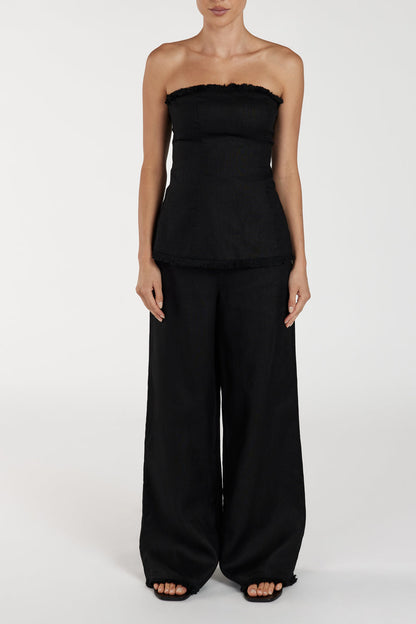 ZAHARA BLACK LINEN FRINGED PANT
