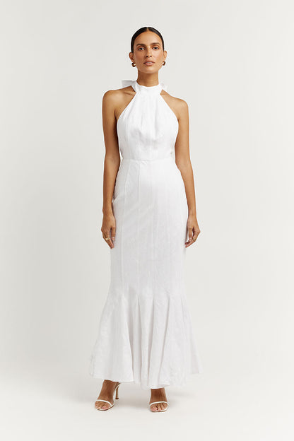 AISLE WHITE LINEN HIGH NECK DRESS