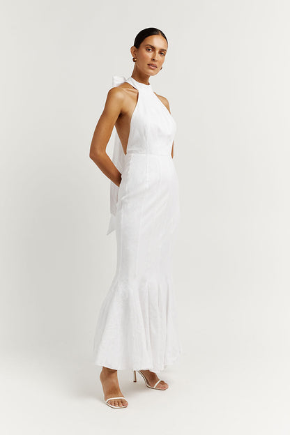 AISLE WHITE LINEN HIGH NECK DRESS