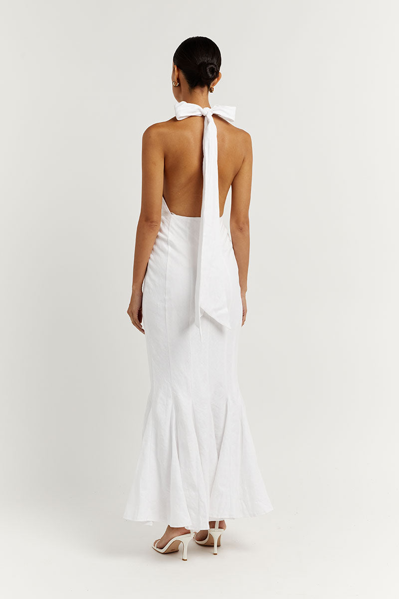 AISLE WHITE LINEN HIGH NECK DRESS