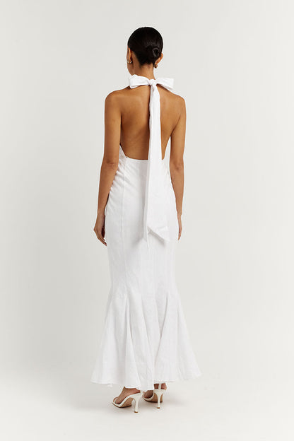 AISLE WHITE LINEN HIGH NECK DRESS