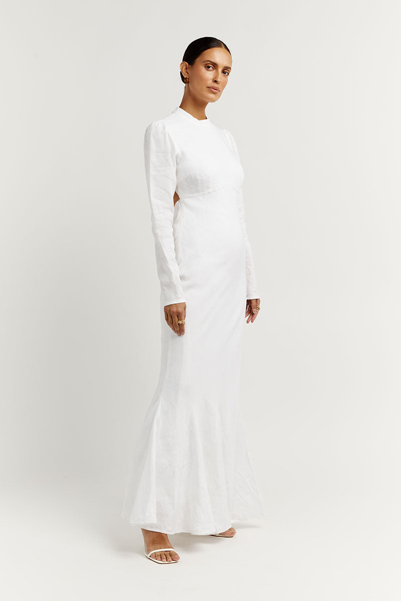 AISLE WHITE LINEN SLEEVE MIDI DRESS