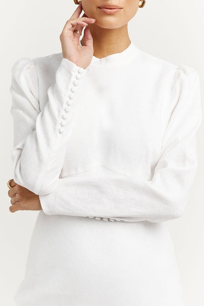 AISLE WHITE LINEN SLEEVE MIDI DRESS