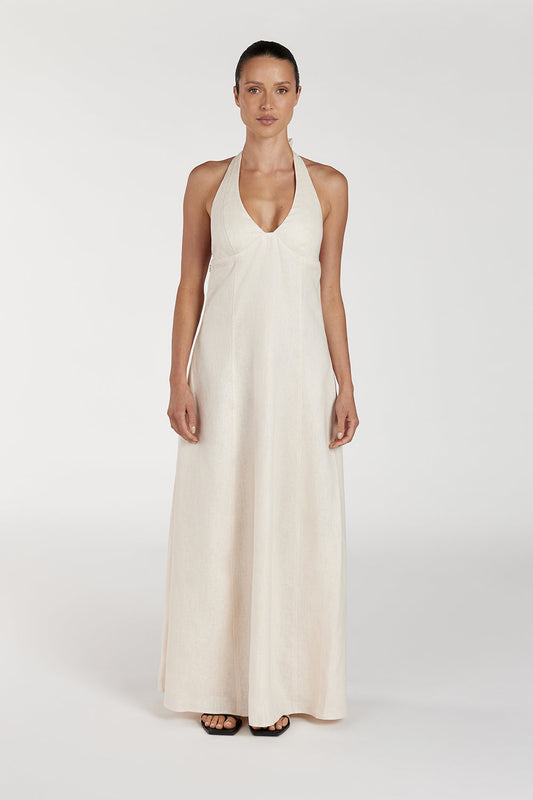 AUDREY CREAM HALTER LINEN MIDI DRESS