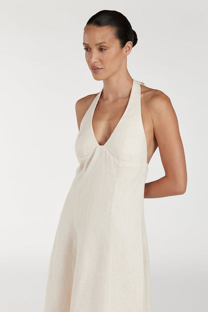 AUDREY CREAM HALTER LINEN MIDI DRESS