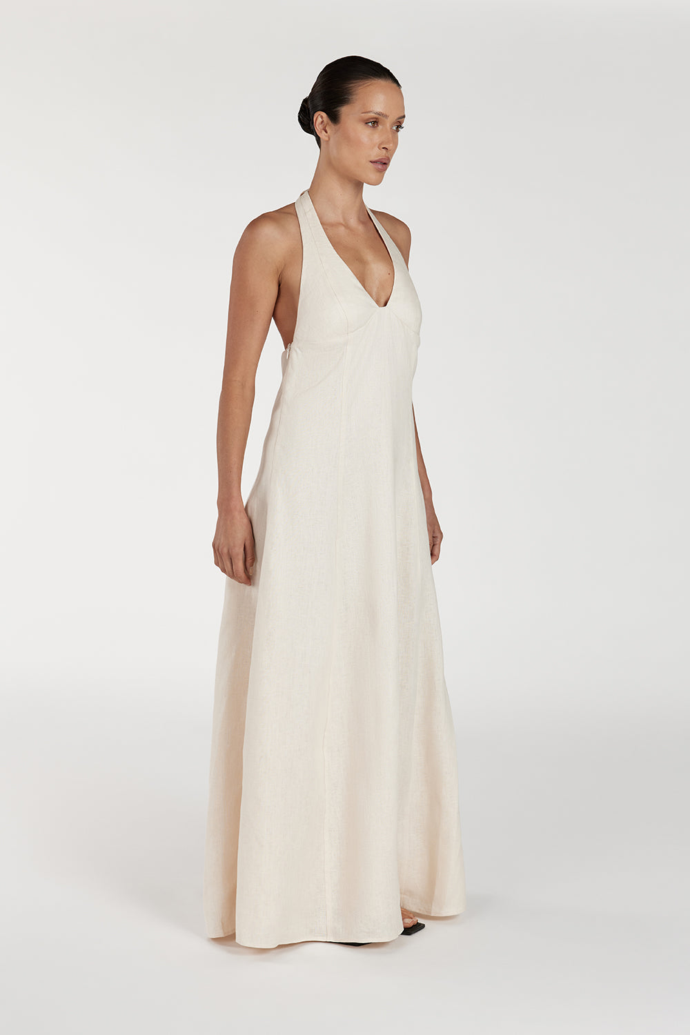AUDREY CREAM HALTER LINEN MIDI DRESS
