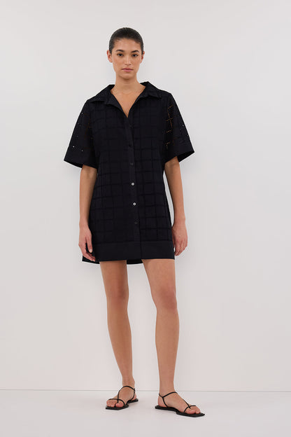 OWEN BLACK SLEEVED BRODERIE MINI DRESS