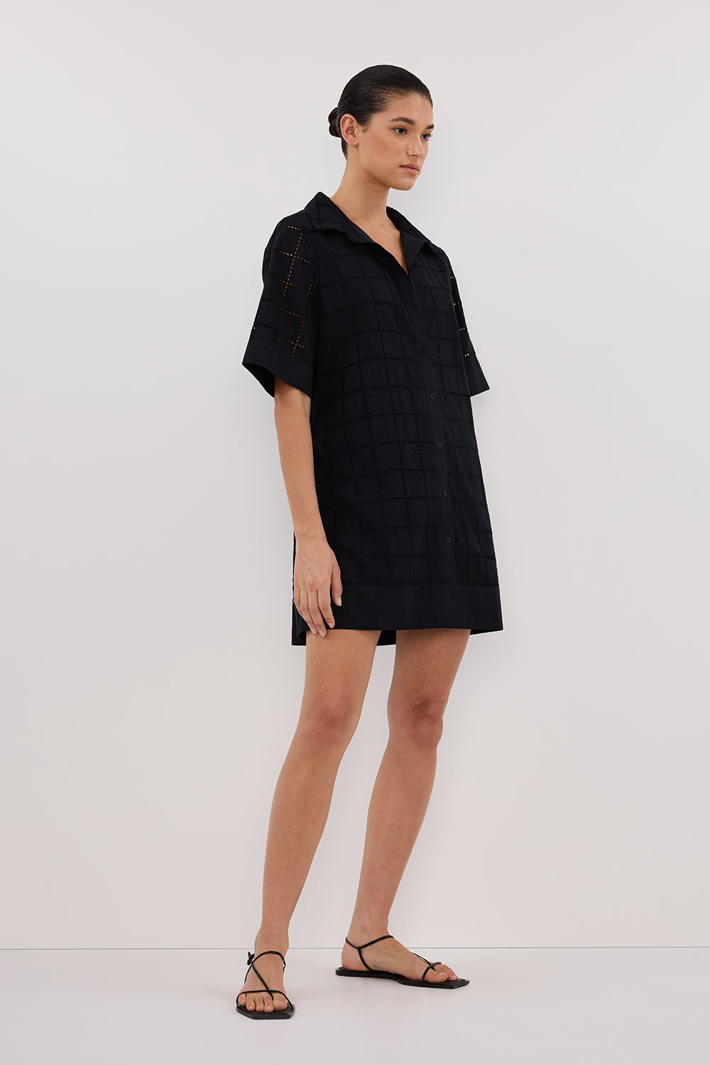 OWEN BLACK SLEEVED BRODERIE MINI DRESS