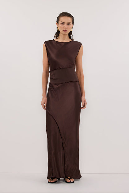 MONICA BITTER CHOCOLATE SATIN MIDI DRESS