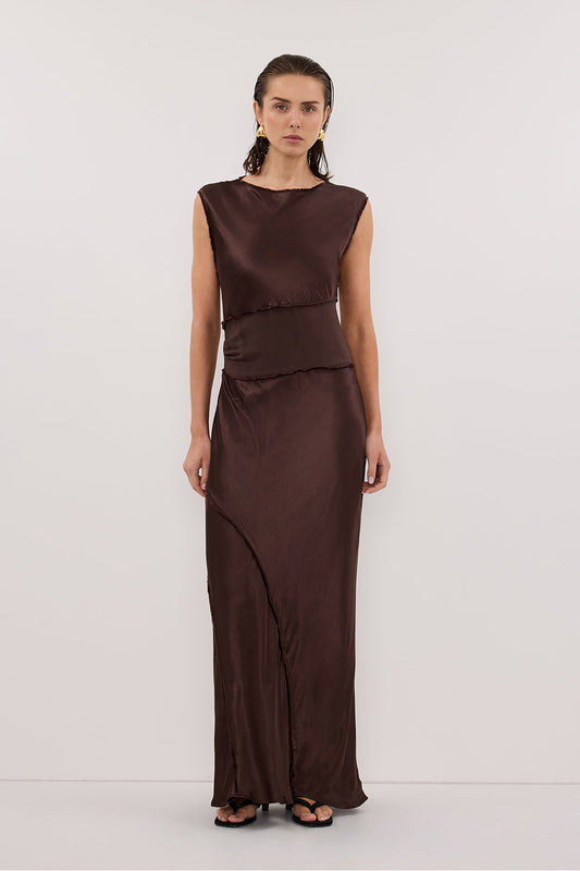 MONICA BITTER CHOCOLATE SATIN MIDI DRESS