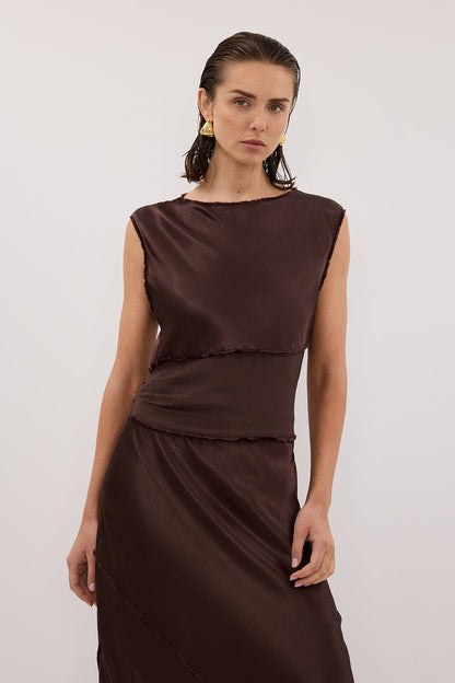 MONICA BITTER CHOCOLATE SATIN MIDI DRESS