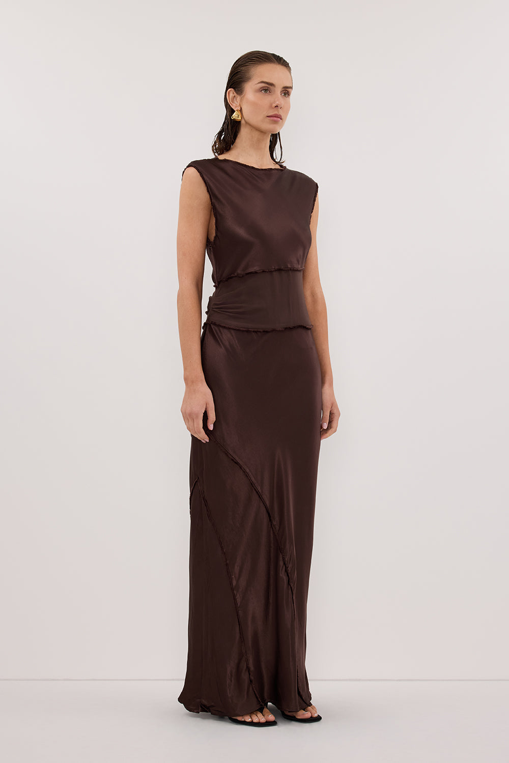 MONICA BITTER CHOCOLATE SATIN MIDI DRESS