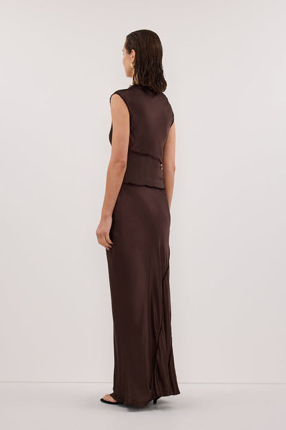 MONICA BITTER CHOCOLATE SATIN MIDI DRESS